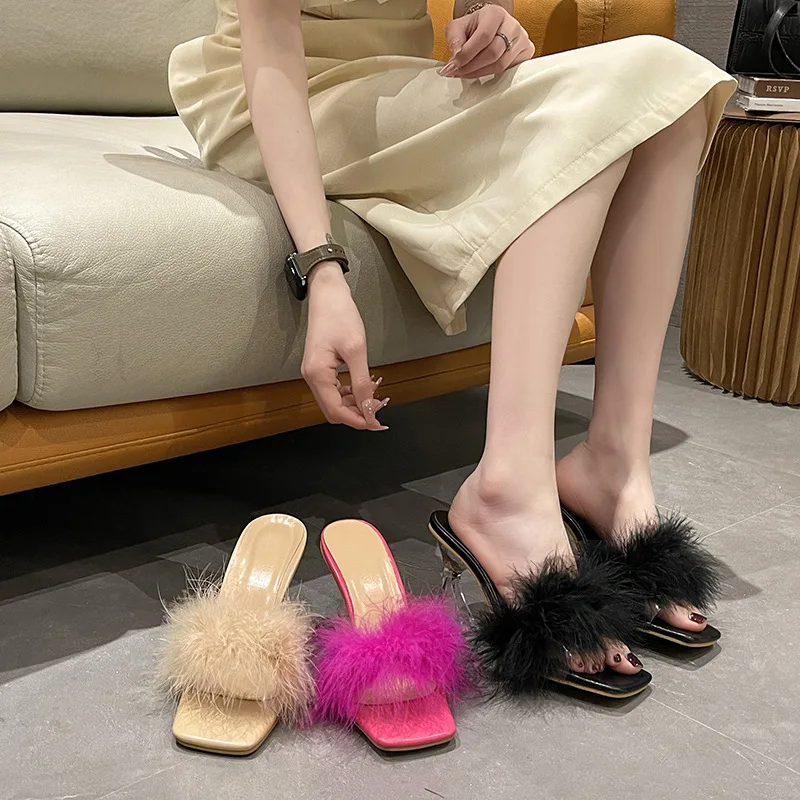 New Summer Fashion Fluffy Furry Women Slippers Female Gladiator Sandals Party Banquet Mules High Heels Slides Shoes High Heels