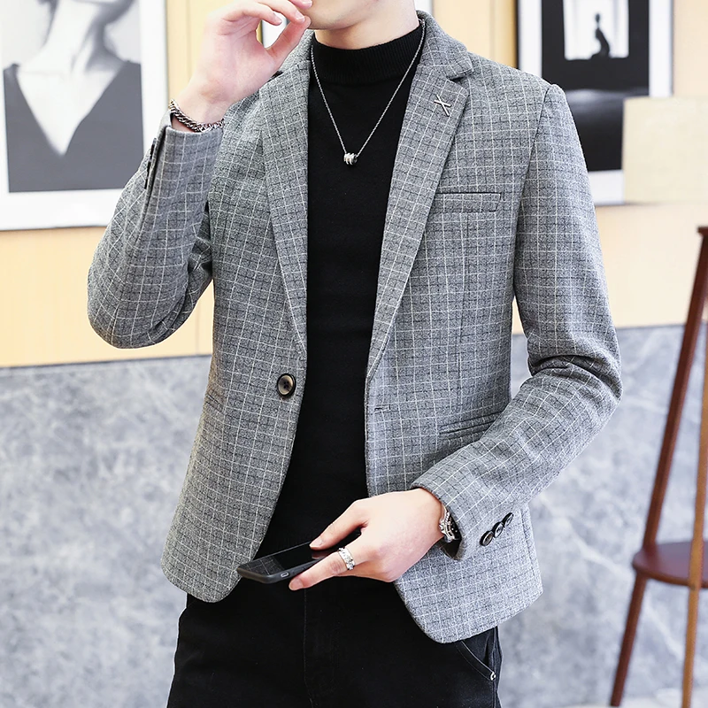 

Autumn Winter New Men's Suit Jacket Korea Slim Plaid Coat High Quality Single Breasted LongSleeve Business Casual Men's Clothing