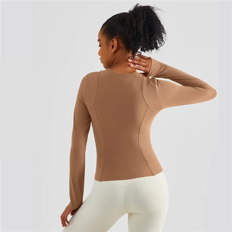 Solid Color Crew Neck Women Fitness Long Sleeve Yoga Shirt  Slim Fit Quick-drying Sport Top Yoga Shirt Gym Comprehensive Trainin