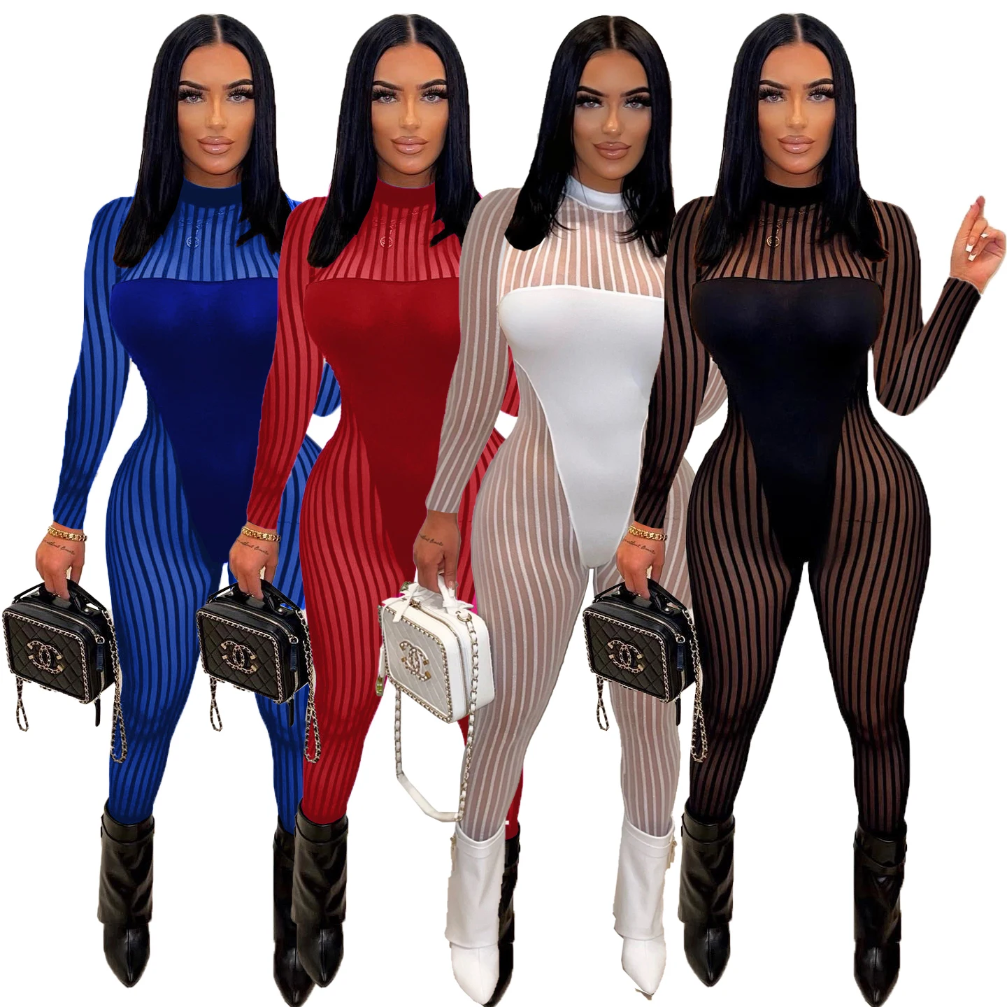 2022 Fall Sheer Mesh Patchwork Tracksuit Women Sexy O Neck Zipper Long Sleeve Leggings Jumpsuits Skinny Club Party Jogger Outfit
