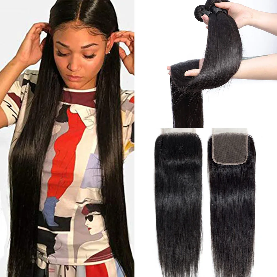 Queenlike Peruvian Hair Bundles With Closure Non Remy Weft 100% Human Hair 3 / 4 Bundles Straight Hair Bundles With Closure