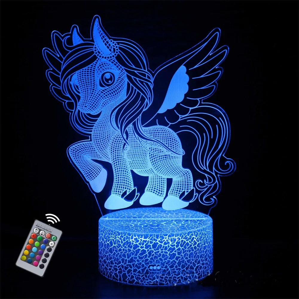 

Ночсветильник с единорогом для детей, иллюзия 3D лампа, 16 цветов, смены с пультом дистанционного управления, день рождения, рождественские по...