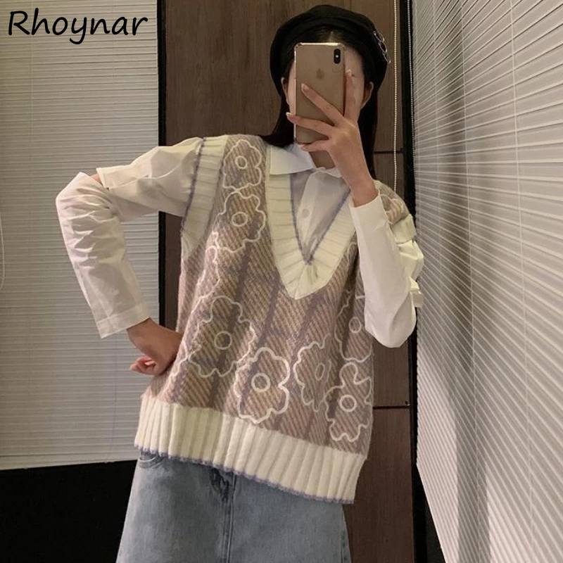 

Sweater Vest Women Patchwork Design Kawaii V-neck Chic Ulzzang Retro Sweet Gentle Spring New All-match Preppy Young Vintage Ins