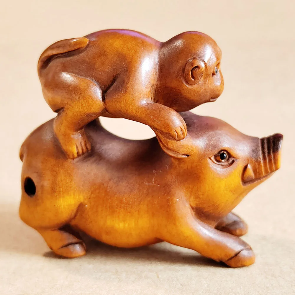 

Y8381 - 2" Hand Carved Boxwood Netsuke Figurine Carving : Monkey Taxi Pig