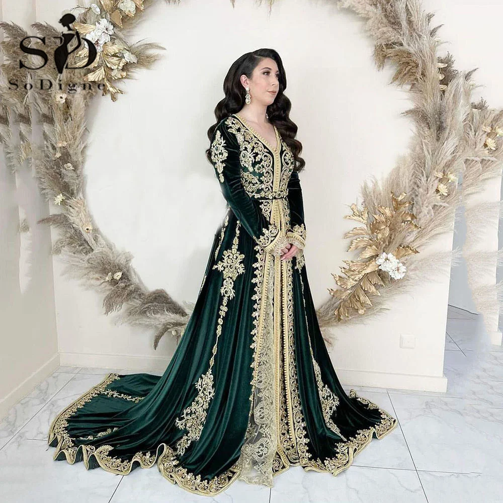 

SoDigne Green Moroccan Caftan Arabic Evening Dress 3 Pieces Appliques Gold Lace Long Sleeve Mermaid Velvet Prom Party Go