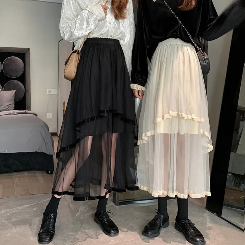 

Женская юбка с завышенной талией, однотонная Милая юбка А-силуэта в японском стиле, винтажная юбка из сетчатой ткани, весна 2022