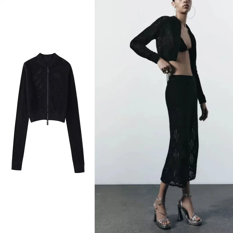 

TRAF 2023 Summer Black Open Knit Cropped Bomber Jacket Perforated Fabric Round Neck And Long Sleeves Sexy Front Zip Closure Tops
