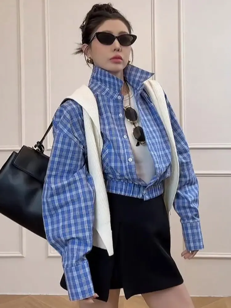 Polo Collar Plaid Shirts Women 2024 New Popular Autumn Waist Hugging Slimming High Sense Unique Chic Small Top