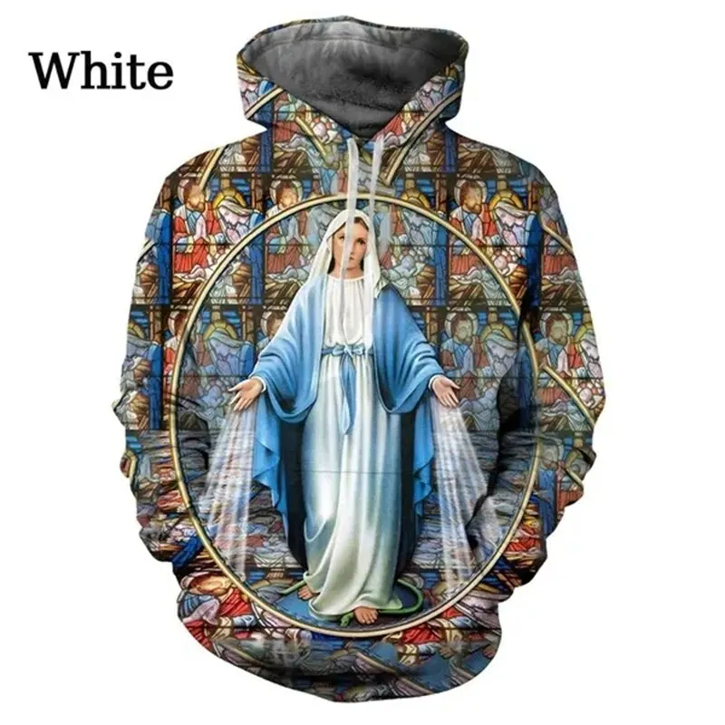 Full Print Blessed Virgin Mary Jesus Graphic Hoodies Faith Love Hope Casual Hoodie For Men Women Long Sleeve Pullover Sweatshirt