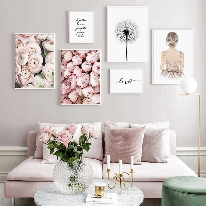 

Flowers Peony Poster Love Quotes Fashion Girl Canvas Art Print Dandelion Modern Painting Wall Pictures for Living Room Decor