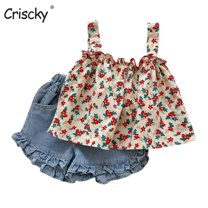 

Criscky Children Fashion Set Kids Baby Girl Casual Clothing Costume Sleeveless Children Floral Print Sets Children Clothing