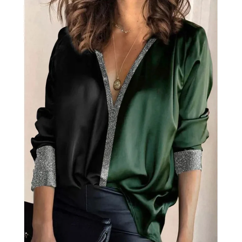 

Vintahe V-neck Office Lady Satin Shirt Long Sleeve Green Autumn Women Blouses Fashion Solid Loose Clothes Blusa Mujer 22712