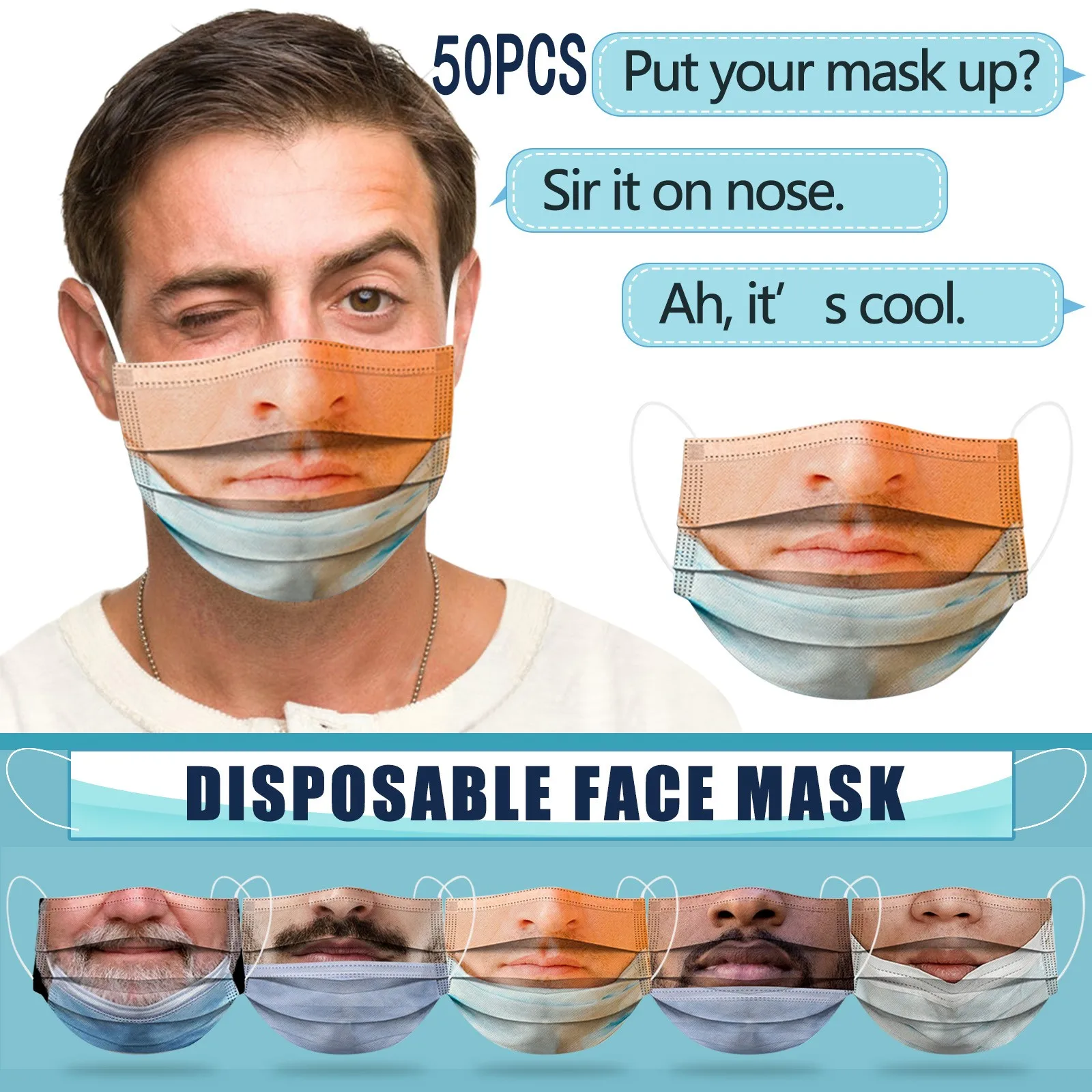 

10/50 Pcs Adult Funny Printing Disposable Face Mask 3 Ply Ear Loop Breathable Facial Protective Masks Mascarilla Breathable Mask