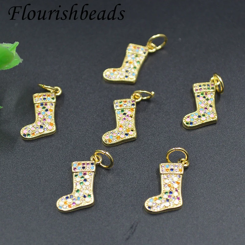 

New Design Anti Fading Gold Plated CZ Pave Enamel Cute Festival Christmas Stockings Charms for Woman 10pcs 20pcs 30pcs Per Lot