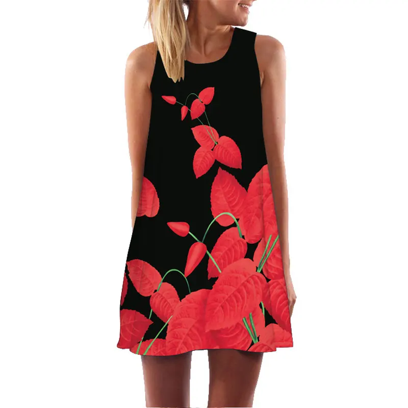 

2022 Woman Summer Dress Loose Sleeveless Red Leaves Printed Mini Dresses Casual female self portrait dress Vestidos