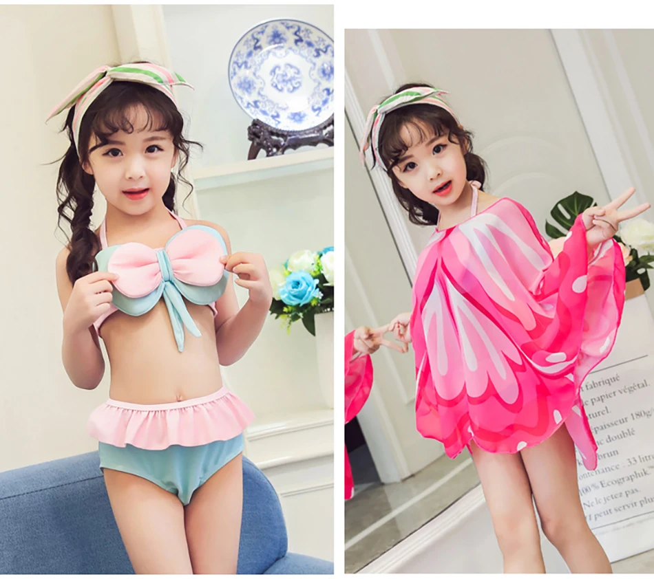 

3PCS Set Girls Kids Summer Chiffon Beachwear Bathing Suit Bikini Set +Cover up Swimsuit Swimwear Beach Dress Girls Bow Clothes