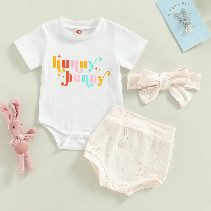 

Пасхальный комплект одежды для новорожденных мальчиков и девочек, комбинезоны с коротким рукавом и круглым вырезом, шорты с высокой талией и повязка на голову