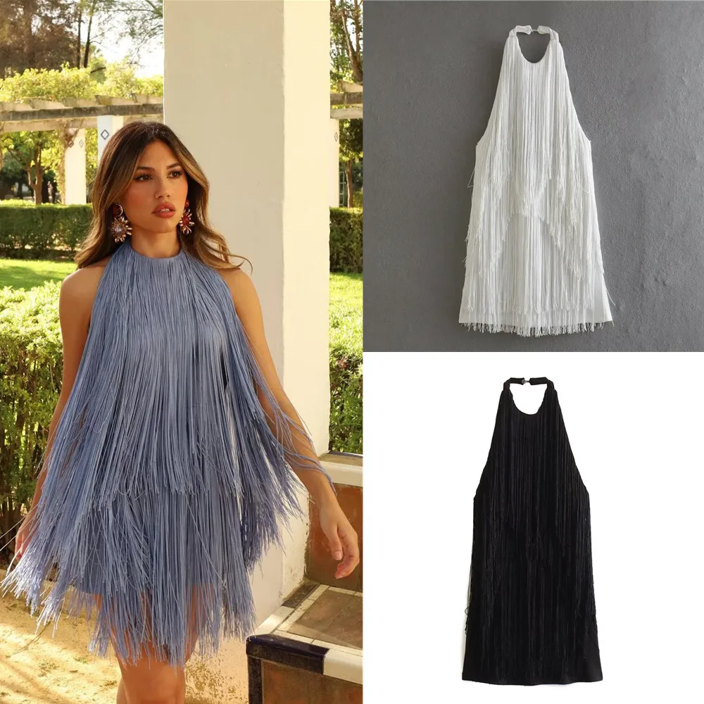 

2023 New Women Fashion Backless Tassel Short Dress Mini Sexy Halter Neck Blue Dress Vestidos Mujer 2712321