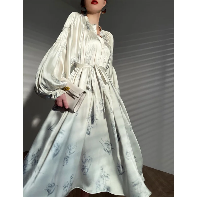 

Женское длинное атласное платье, элегантное Свободное платье с рукавами-фонариками, V-образным вырезом и шнуровкой, весна 2023