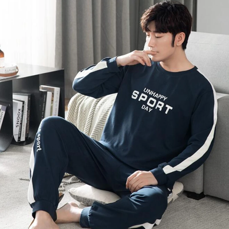 Men's Autumn Winter Cotton Pajamas Suit Letter Striped Sleepwear Casual Sleep&Lounge Pyjamas Pijama Home Clothes
