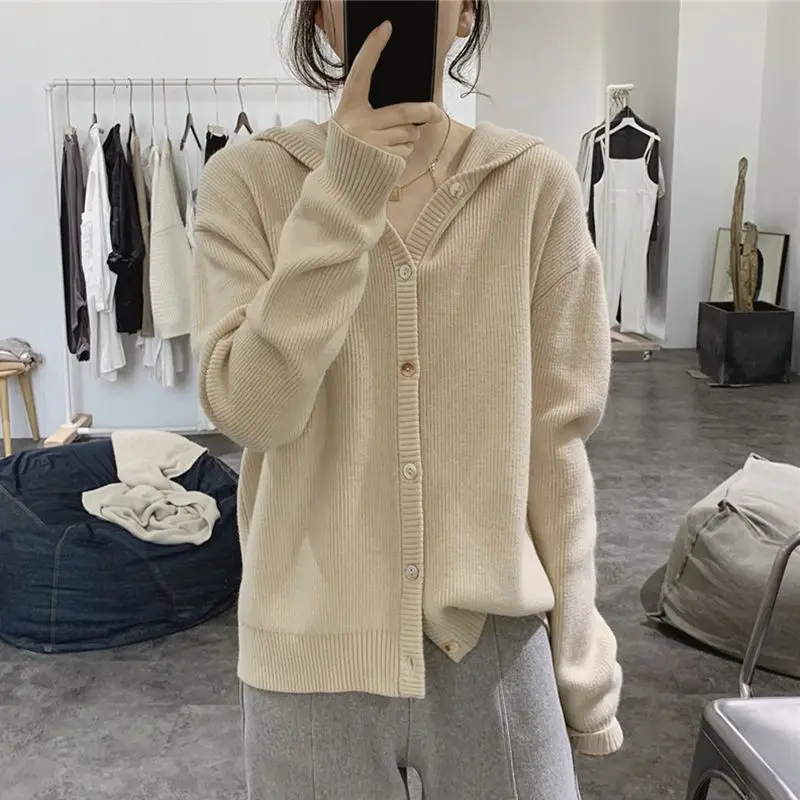 

Hooded Knitted Cardigan Coat Women Spring and Autumn 2023 New Loose Sweater Bottom Outwear Design Sense Cardigan Sweater Top