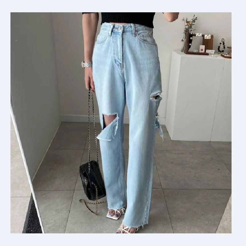 

2022 Summer Big Hole Casual Loose Straight Denim Pants Trousers Fashion Women Jeans Pants High Waist Female Streetwear W521