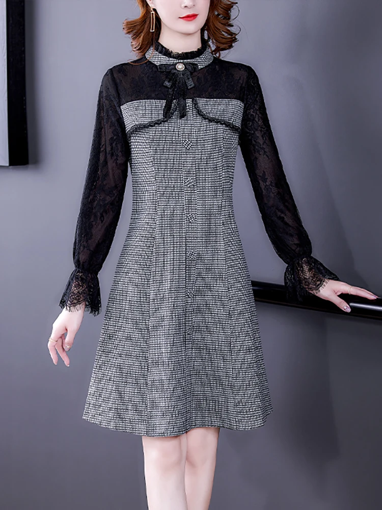 

2022 черное клетчатое кружевное Прозрачное платье миди с длинным рукавом в стиле пэчворк, женское Элегантное повседневное пикантное платье, ...