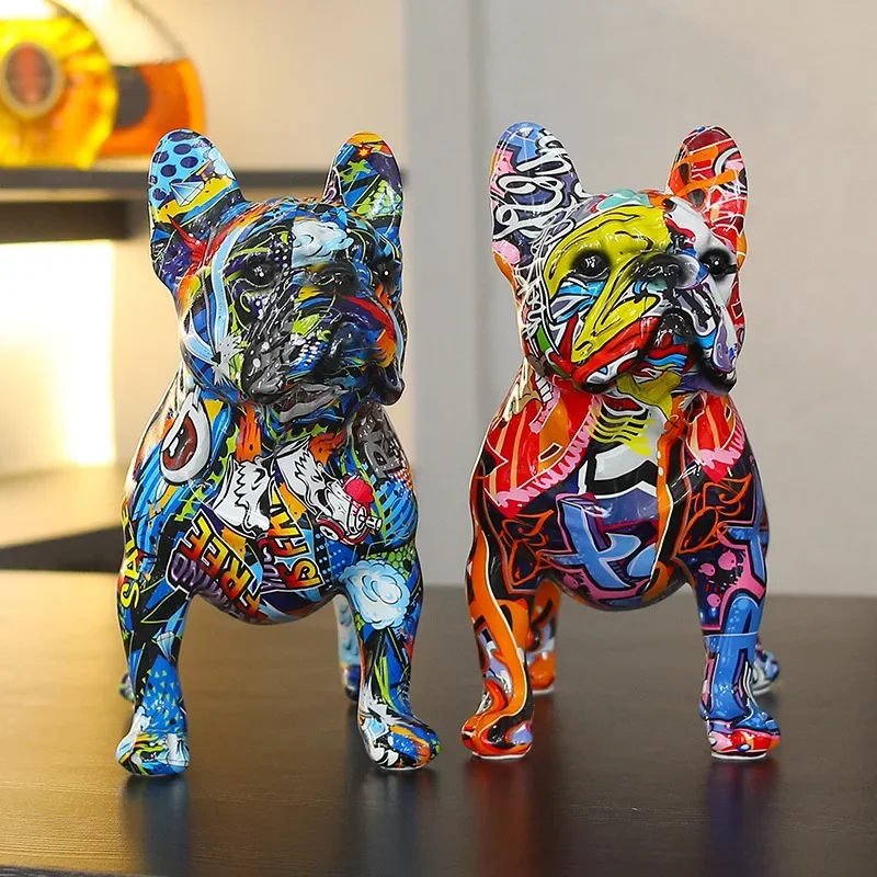 

Desktop Animal Statue Ornament Colorful Standing French Bulldog Resin Statue Decoration Pet Dog DIY Graffiti Crafts Accessories