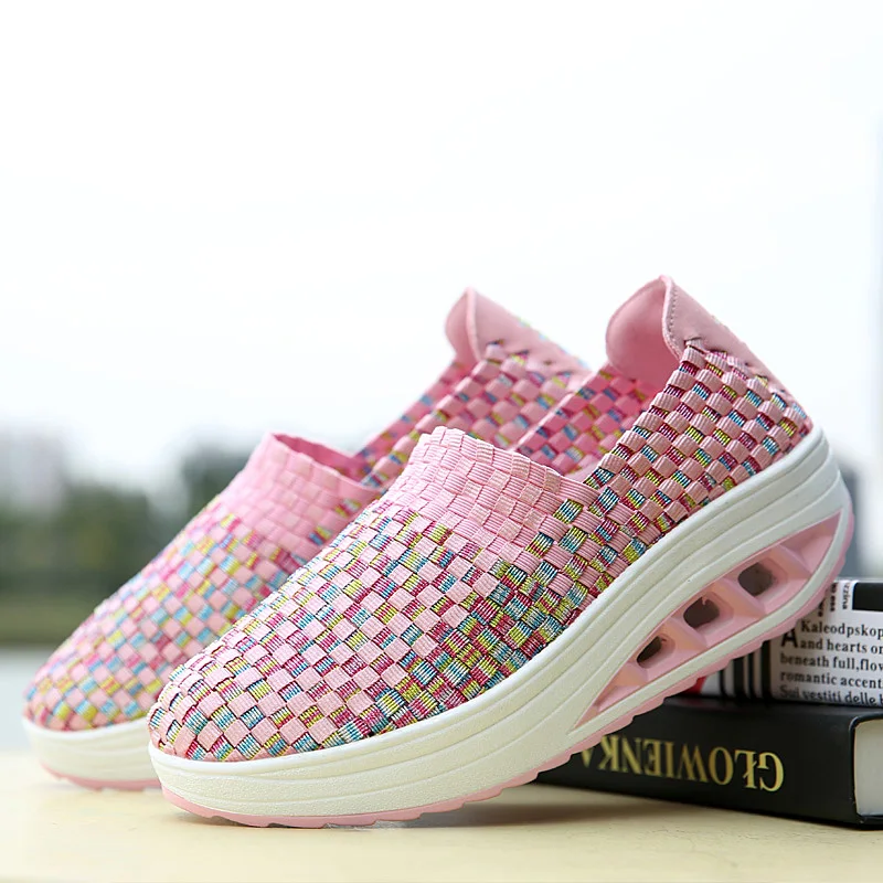 

Summer Braid Beach Shoes Women Breathable Casual Weave Slip on Outdoor Weldge Heel Platform Lofers Big Size 41 42