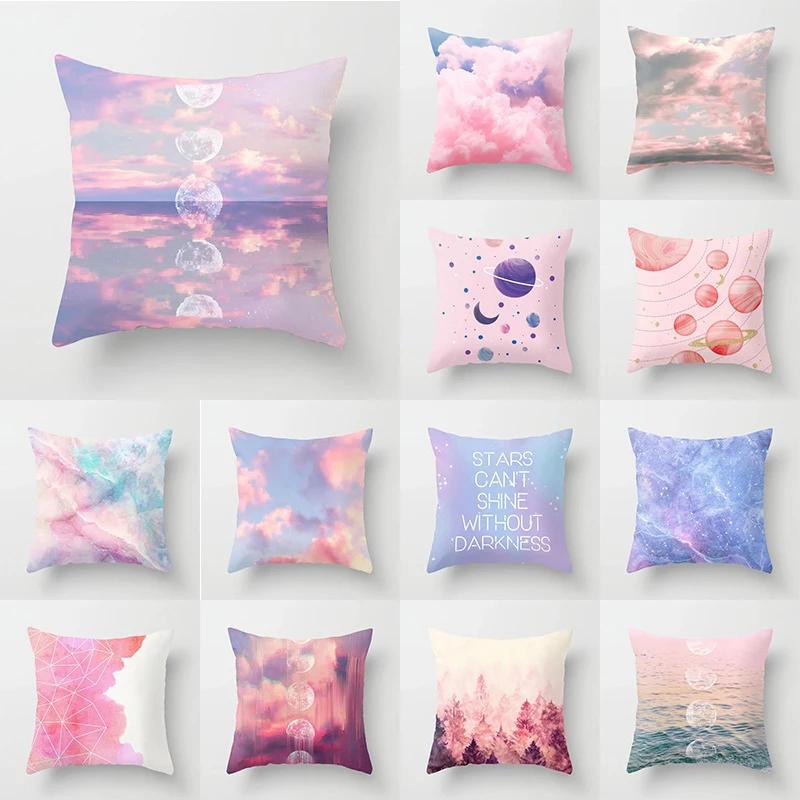 

45*45Cm Square Peach Skin Pillow Cover Pink Sky Clouds Decorative Cushion Cover Pillowcase For Sofa Couch Bedroom Home Decor