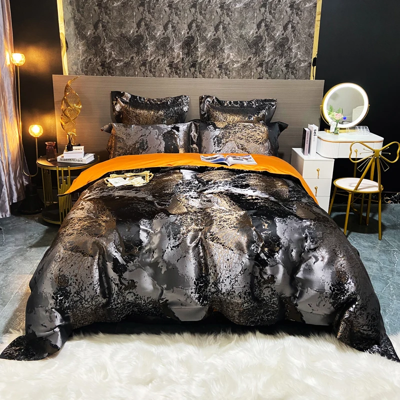

Luxury Black/Gold Jacquard And Egyptian Cotton Bedding Set Satin Smooth Quilt/Duvet Cover Set Bedlinen Fitted Sheet Pillowcases