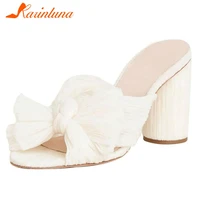 hot sale 2022 summer women slippers square high heels butterfly bowknot satin shoes lady slipper concise elegant sexy party shoe