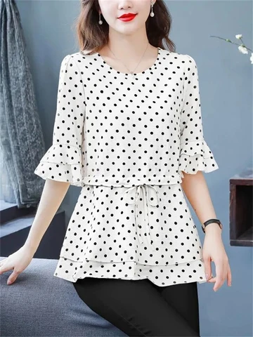 Women Spring Summer Blouses Shirts Lady Fashion Casual Half Sleeve O-Neck Collar Polka Dots Printing Blusas Tops TT2487