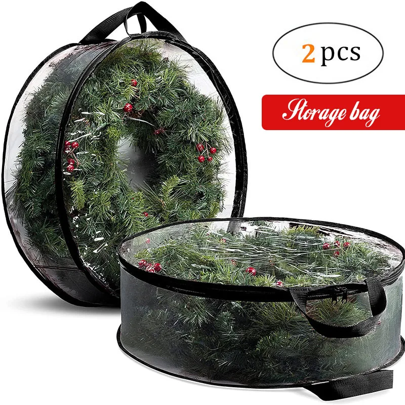 

2 PCS Wreath Storage Bag Clear & Round Water-Resistant Garland Container Seasonal Storage for Easter Christmas 60*20cm Only Bag