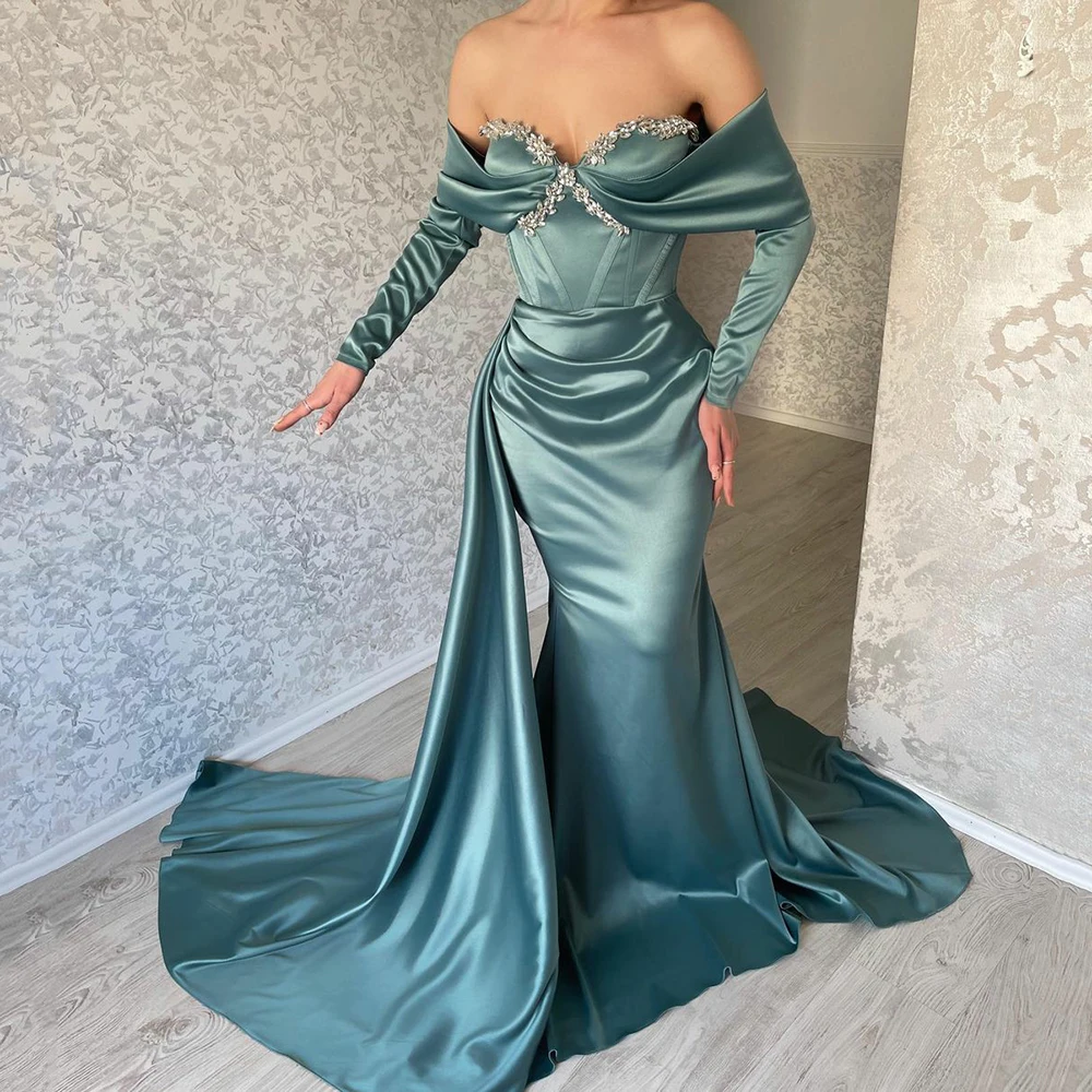 

UZN Satin Mermaid Prom Dress Sweetheart Long Sleeves Evening Dress Robe De Bal Sexy High Slit Dubai Beading Prom Gowns