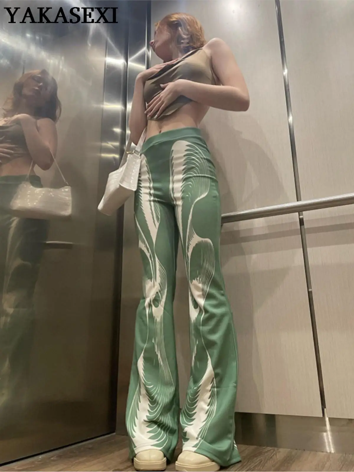 YAKASEXI 2022 Hippie Y2k Unique Pants Women Green Abstract Printed High Waist Flare Pants Vintage 90s Outfits
