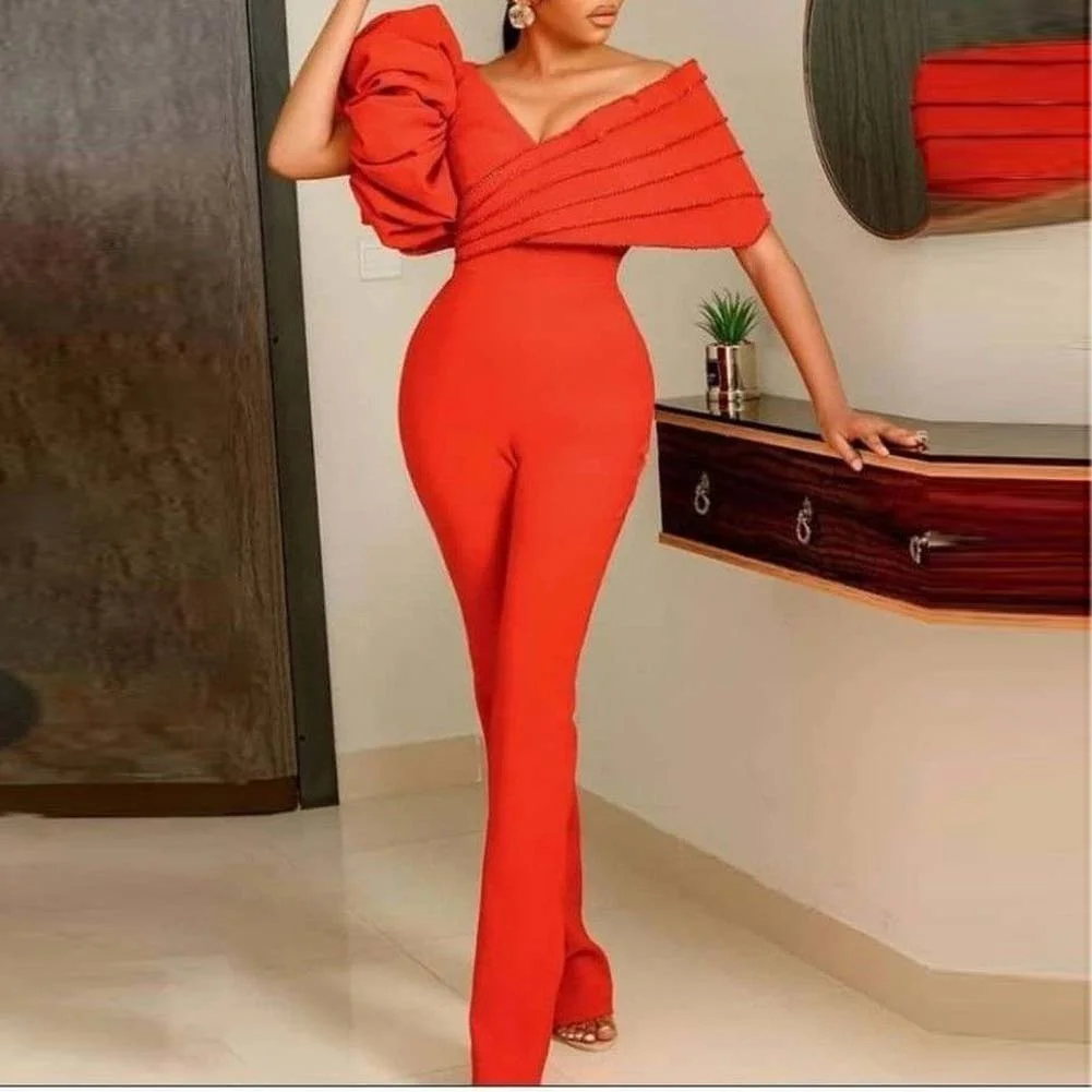 

Simple V-Neck Solid Color Asymmetric Ruffled Empire Jumpsuits