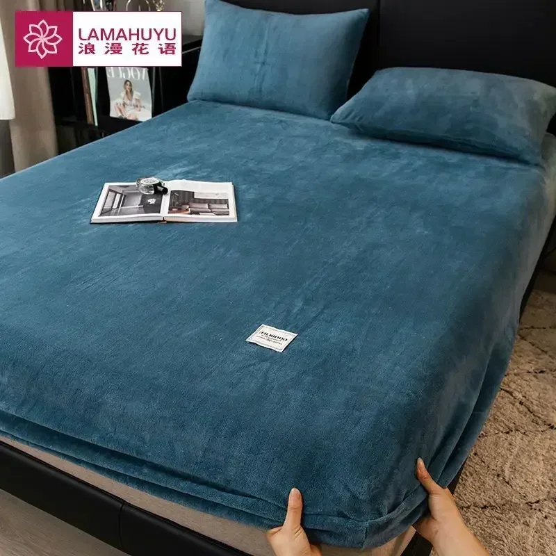 

Milk Velvet Fitted Sheet Winter Thickened Warmth Bed Cover All-inclusive Fixed Non-slip Bedspread Mattress Protective Cover