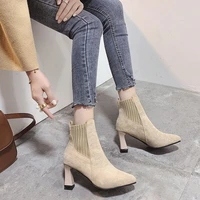 short boots womens thick heels 2022 new thin boots pointed toe nude boots frosted high heels autumn and winter women boots