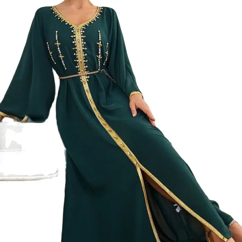 Dubai Hijab Women Dresses V-Neck Hand Stitched Raglan Sleeve Party Dress 2022 New Kaftan Abayas Djellaba Moroccan Vestidos