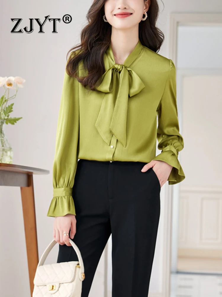 

ZJYT Autumn Bow Collar Shirts and Blouses for Women Elegant Green Blusa Mujer Moda 2023 Korean Style Casual Office Camisas Tops