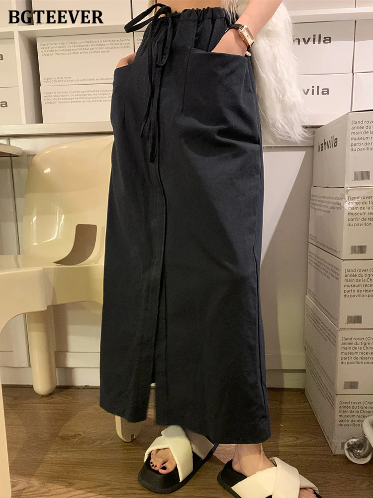 

Юбка BGTEEVER Женская Длинная с эластичным завышенным поясом, Повседневная Свободная прямая с разрезом и карманами, весна-лето 2023