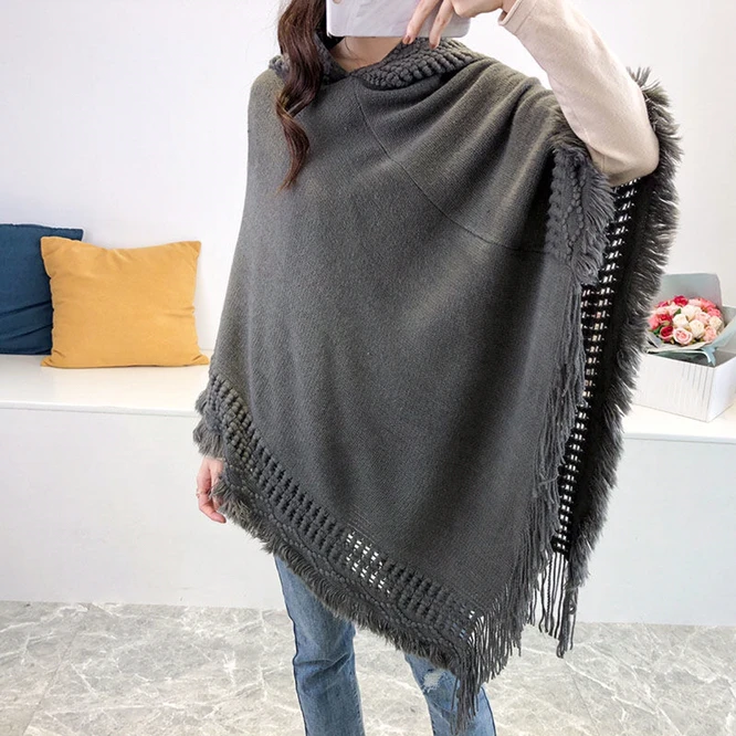 Spring Autumn New Women Winter Knit Hooded Poncho Cape Crochet Fringed Tassel Shawl Wrap Sweater Even Hat Girls Keep Warm Red