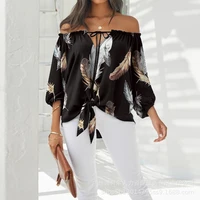 off shoulder long sleeve women shirt sexy v neck lace print feathers casual lady top clothes 2022 new fashion spring and autumn