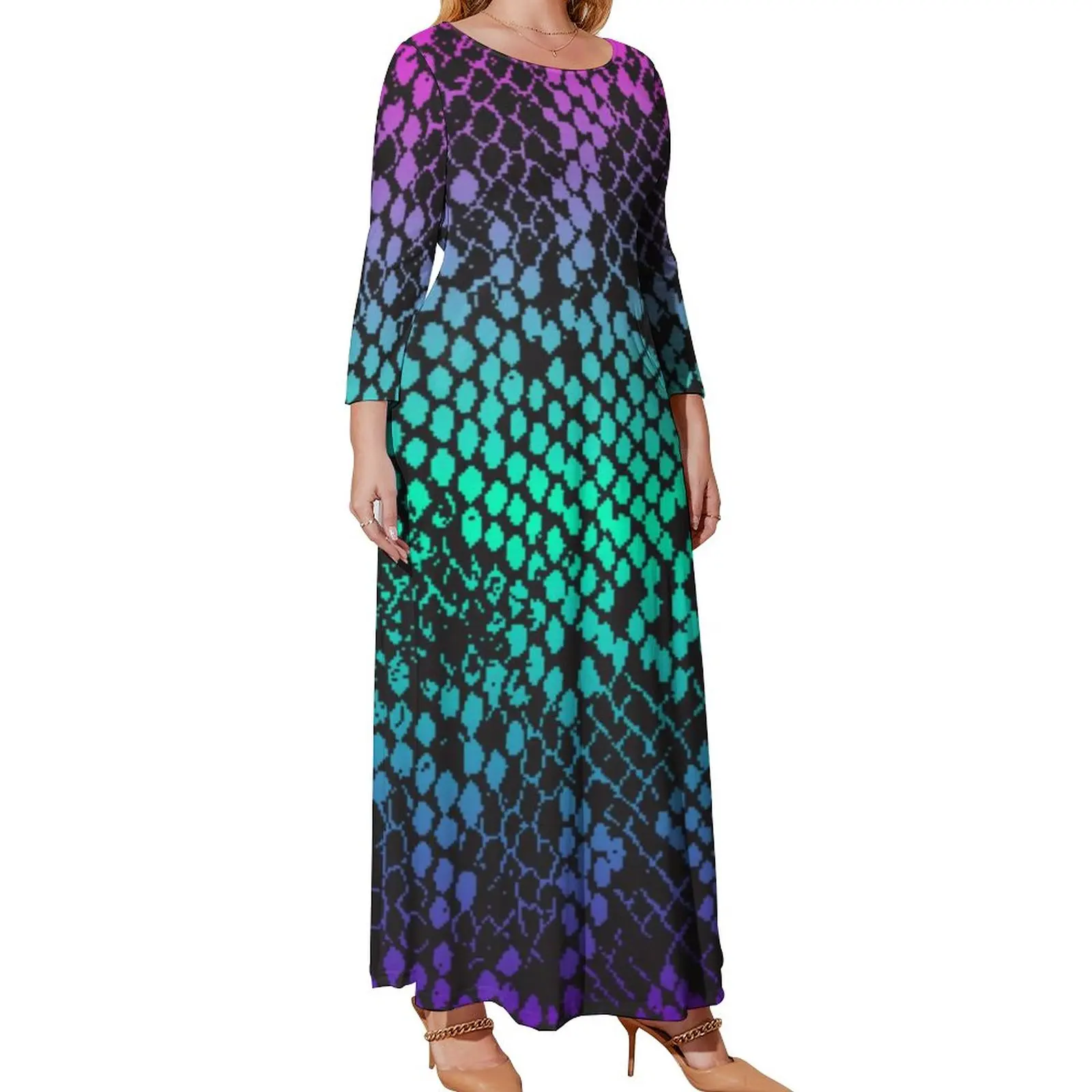 Multi-Color Fade Snakeskin Dress Plus Size Colorful Skin Print Sexy Maxi Dress Long Sleeve Street Style Beach Long Dresses Gift