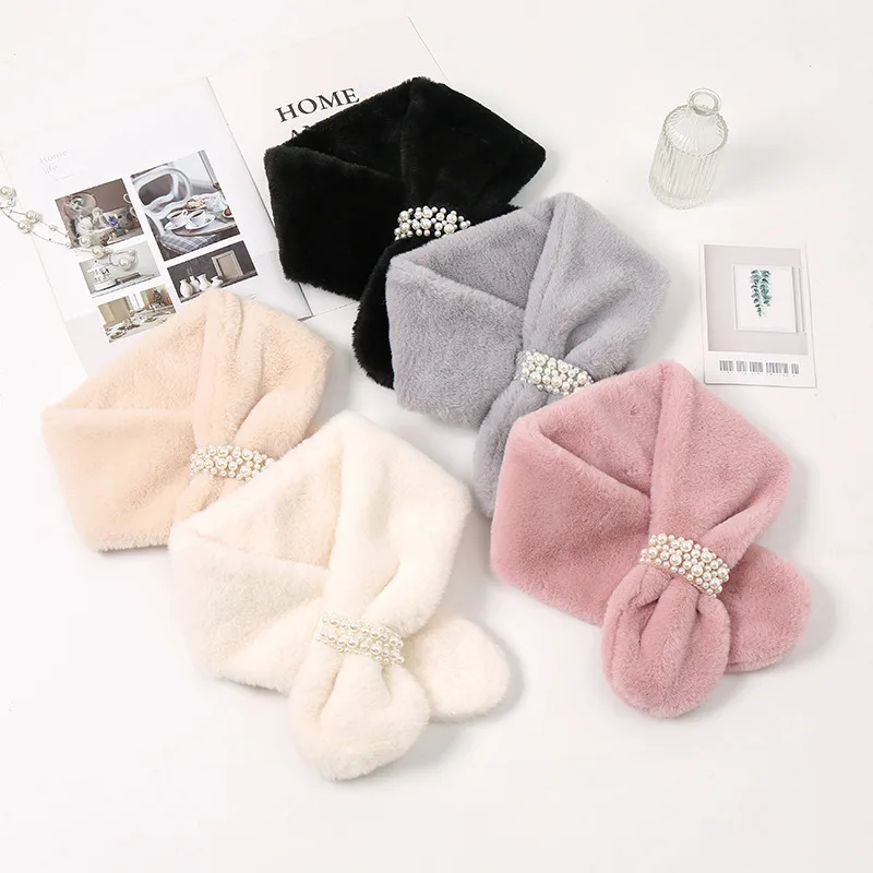 

1PC New Winter Warm Fur Collar Scarf For Women Girl Student Neck Warmer Guard Pearl Buckle Cross Thicken Bib Outdoor Climbing