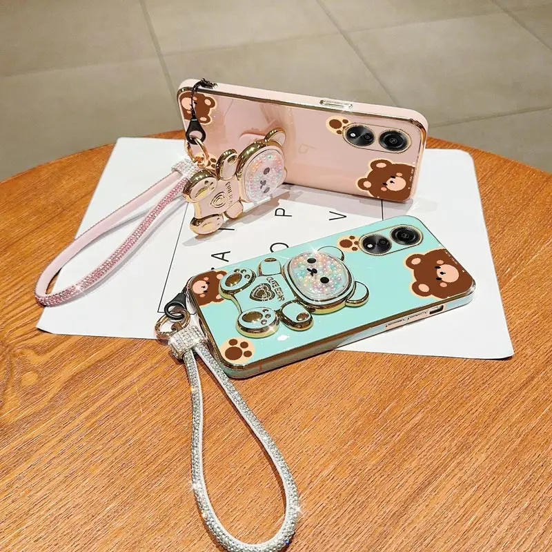 Diamond Wrist Strap Cute Bear Phone Holder Case On For Oppo A96 A97 A95 A94 A93S A92S A91 A83 A78 A74 A72 4G 5G Stand Back Cover