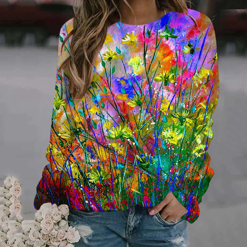 

2023 Women's Top T-shirt Abstract Spring Leisure Vacation Spring And Autumn Pink Long-Sleeved Flower Crew Neck Basic Must-Have