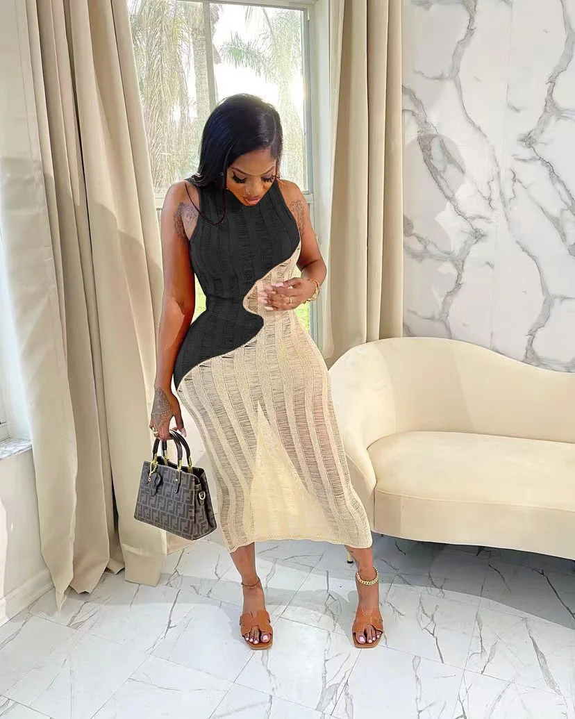 Casual Women Dress Sleeveless Color Patchwork Knit Ribbed Streetwear Long Dress Summer Clothes For Women Vestidos 4 Casual Women Dress Sleeveless Color Patchwork Knit Ribbed Streetwear Long Dress Summer Clothes For Women Vestidos 4