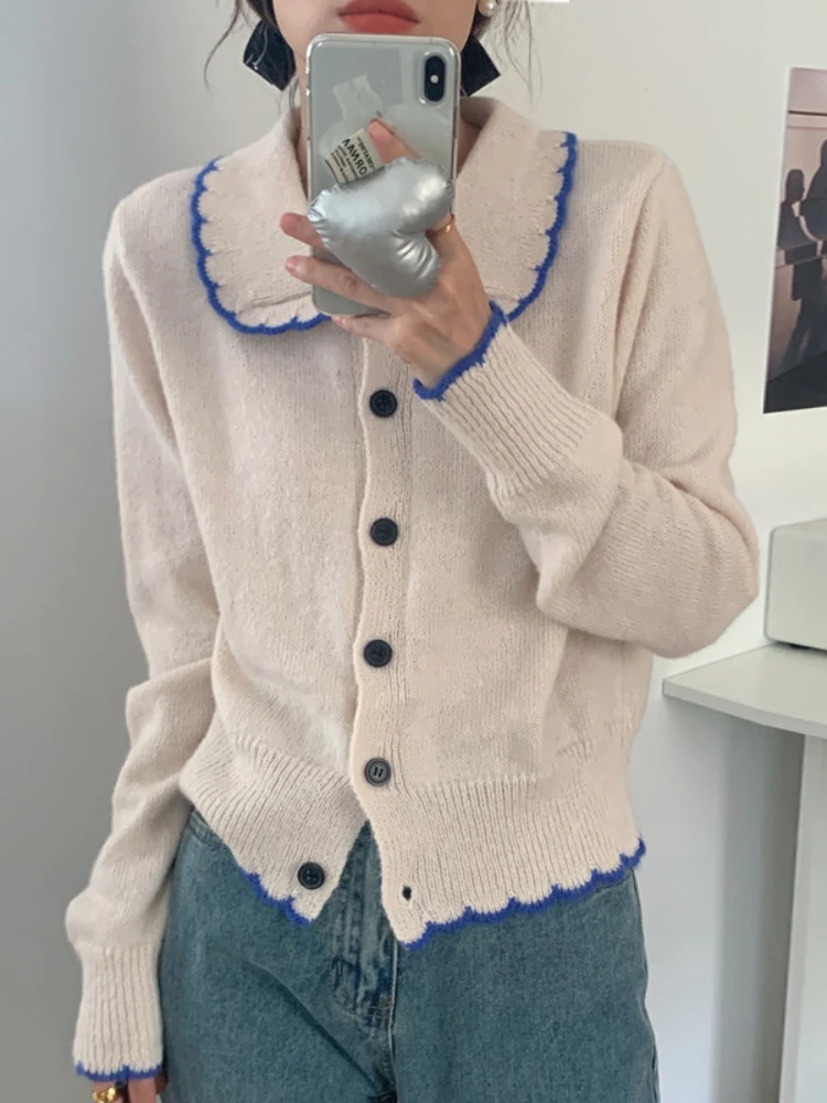 

Korobov Knitted Cardigan Doll Collar Contrasting Colors Age Reduction Lace Tops Vintage Sweater Korean Fashion Sueters De Mujer